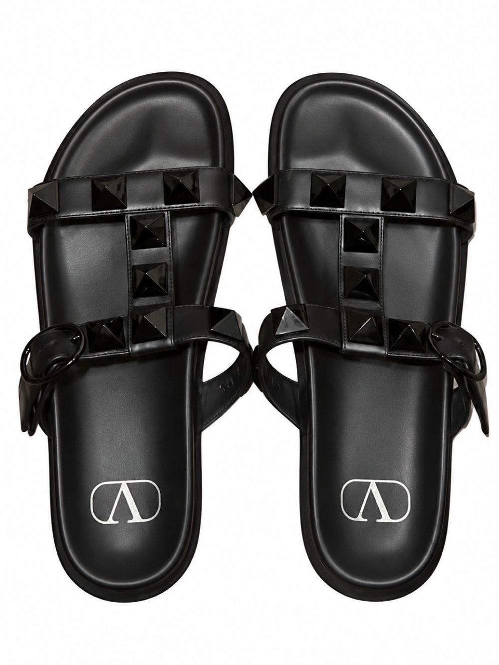 Valentino Garavani Black Rockstud Leather Slide Sandals